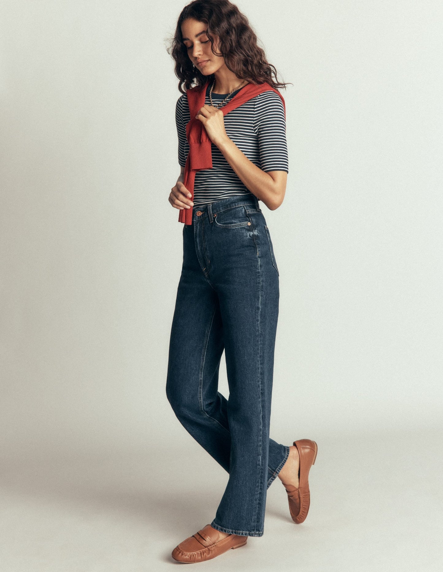 Ribbed Cotton T-Shirt-Ivory and Navy Stripe