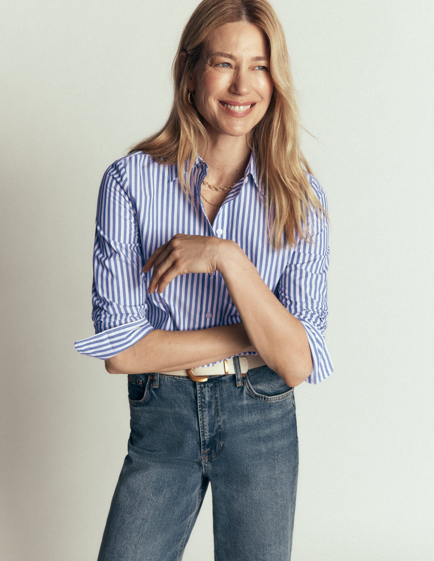 The New Sienna Cotton Shirt-Bright Blue, Ivory Stripe