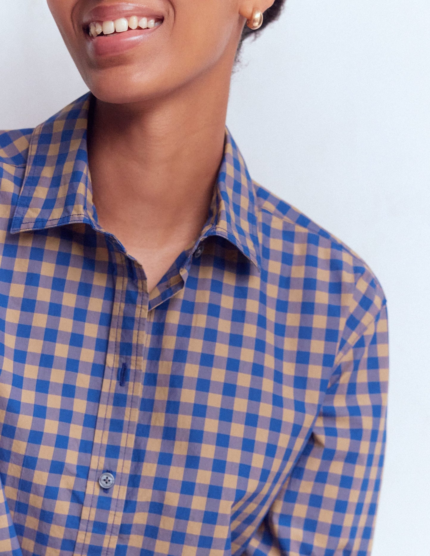 Sienna Cropped Cotton Shirt-Camel, Blue Gingham