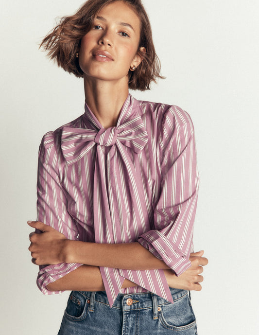 Clara Tie Neck Shirt-Pink, Maroon Tram Stripe