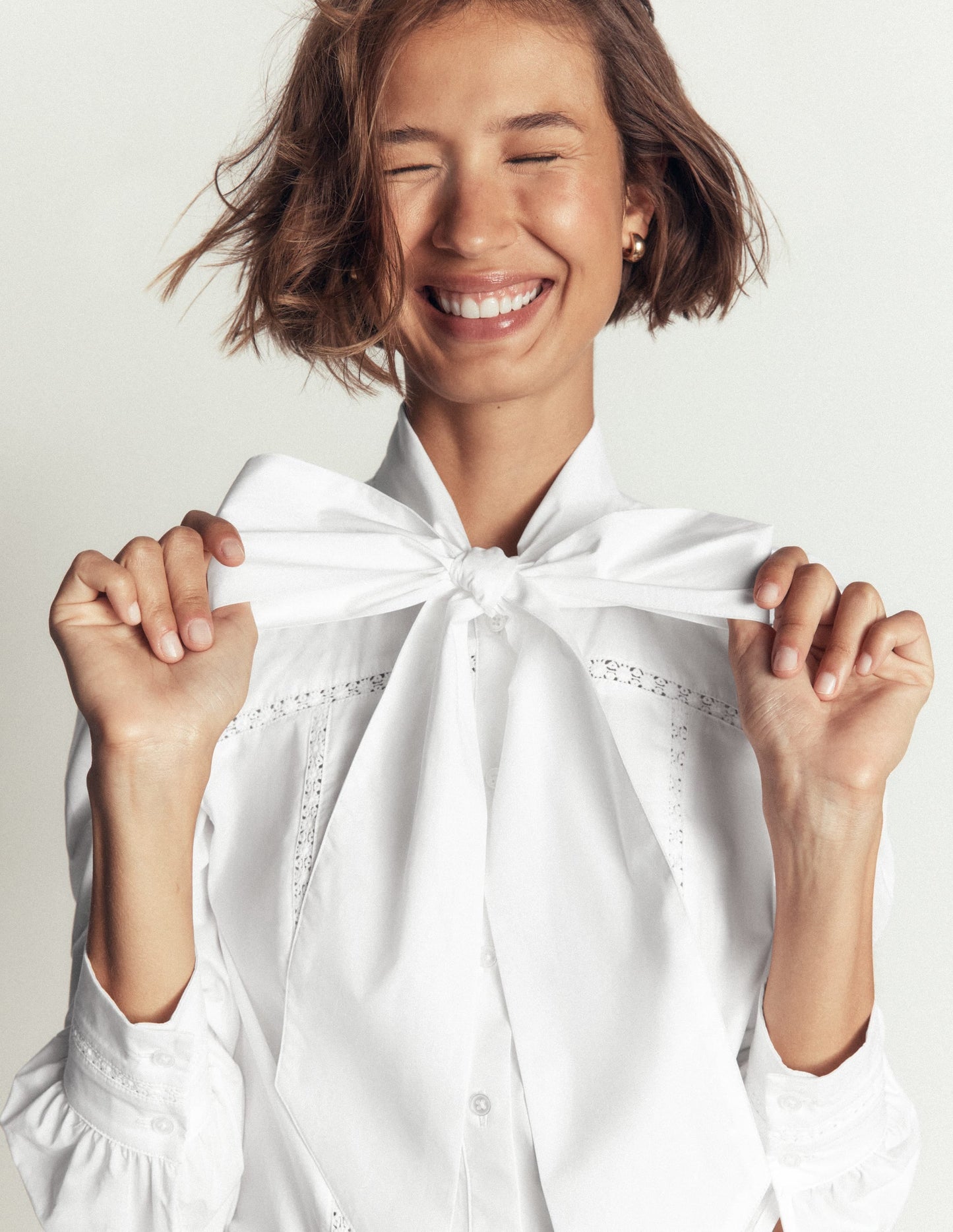 Clara Tie Neck Shirt-White Trim Detail