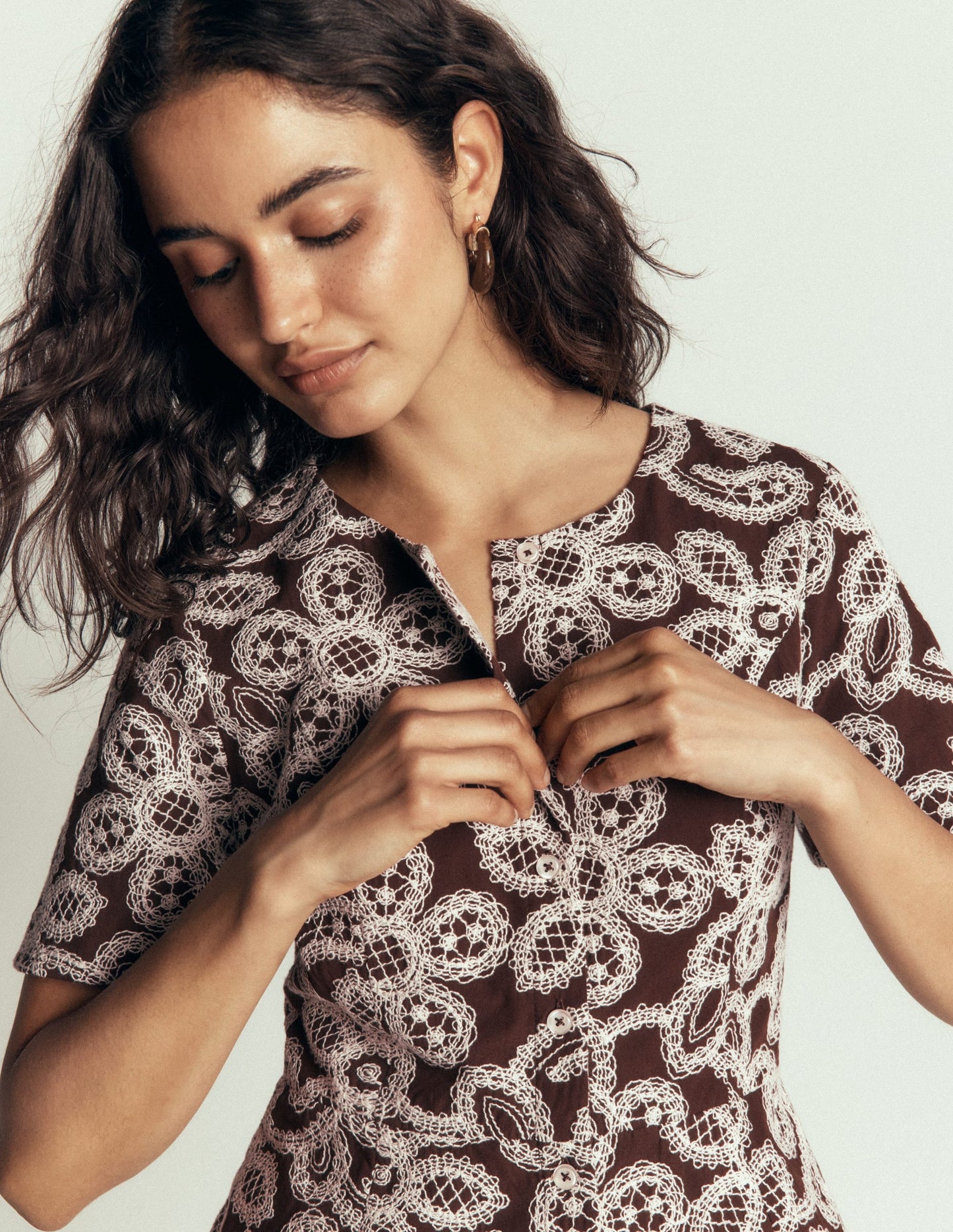 Embroidered Peplum Top-Bitter Chocolate