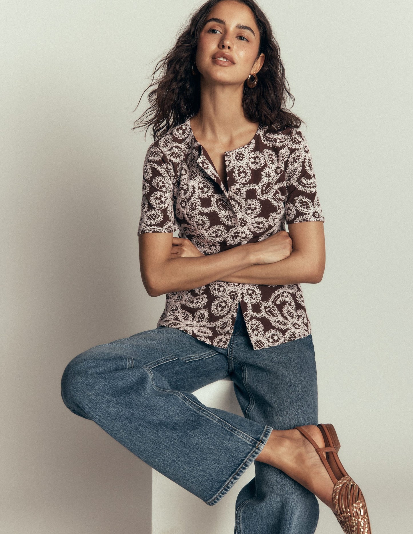 Embroidered Peplum Top-Bitter Chocolate