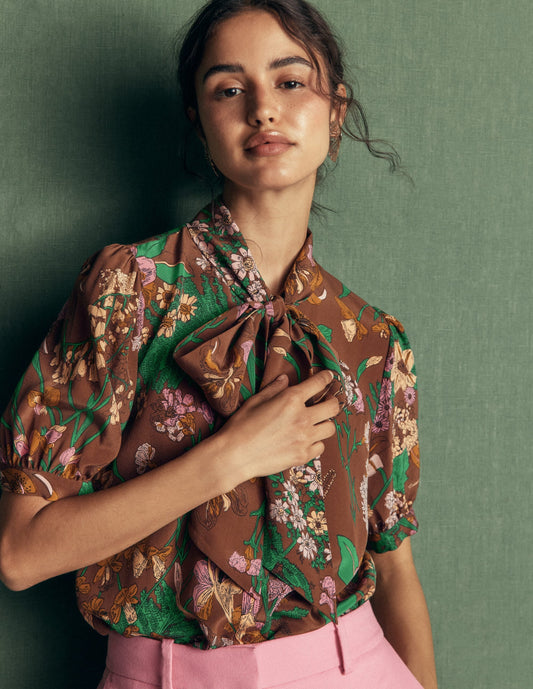 Tie Neck Silk Top-Woodland, Whimsical Flora