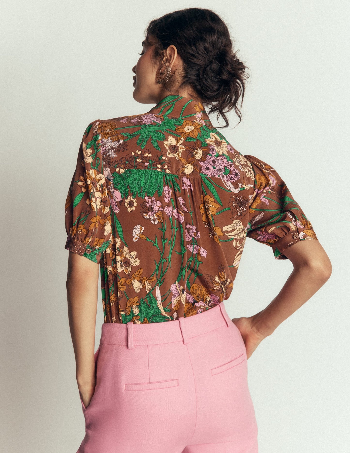Tie Neck Silk Top-Woodland, Whimsical Flora