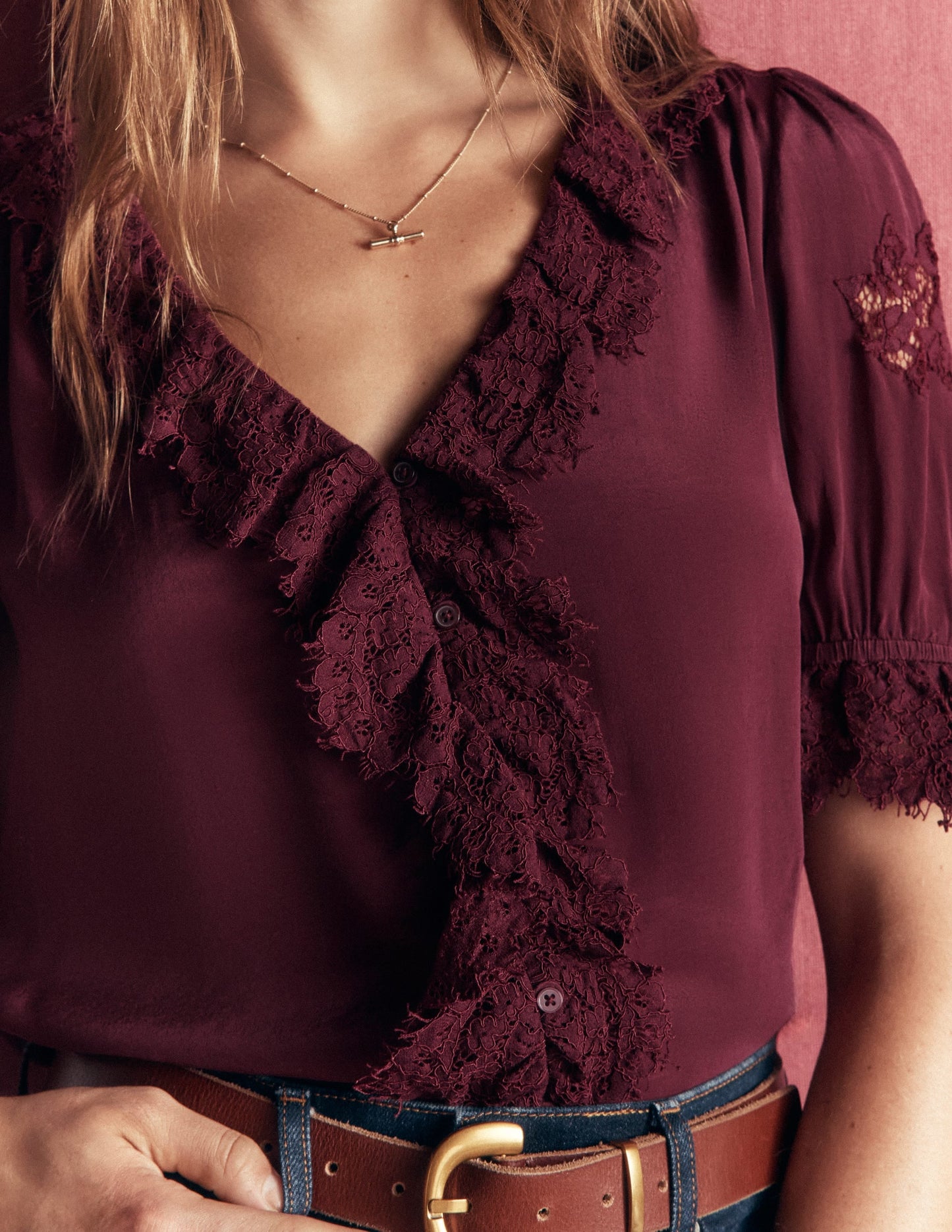 Ruffle V-neck Lace Top-Deep Wisteria