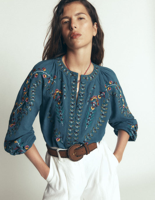 Raglan Embroidered Top-Mid Blue