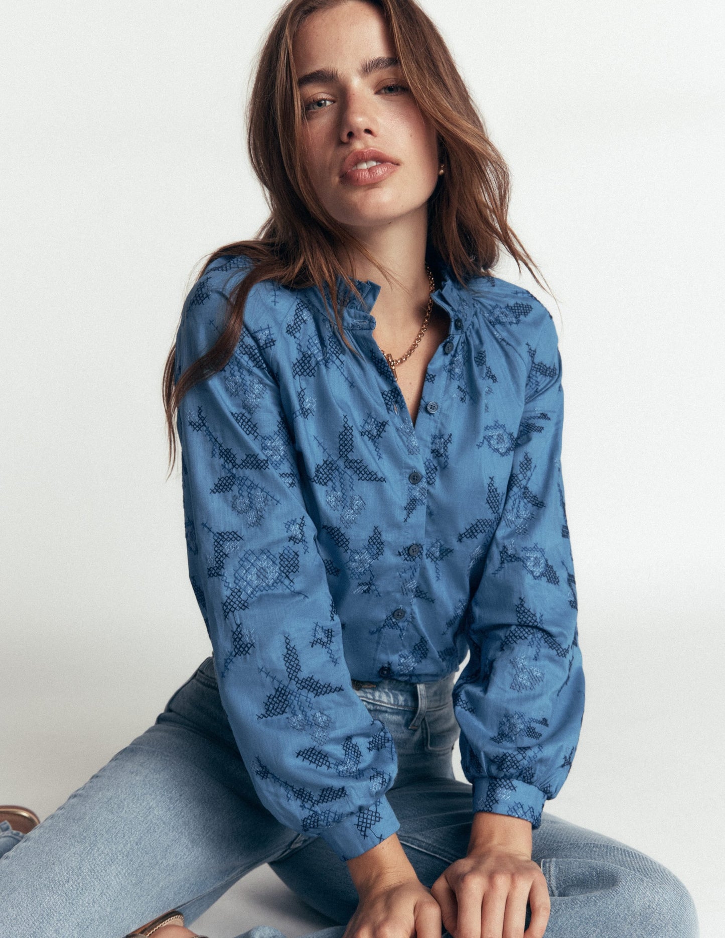 Erica Cotton Frill Top-Blue, Cross Stitch Floral