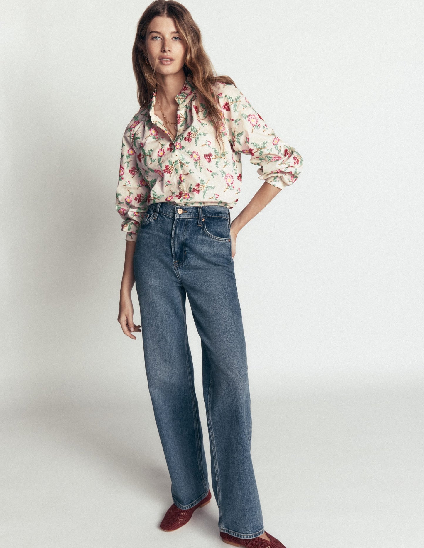 Erica Cotton Frill Top-White Cross Stitch Floral