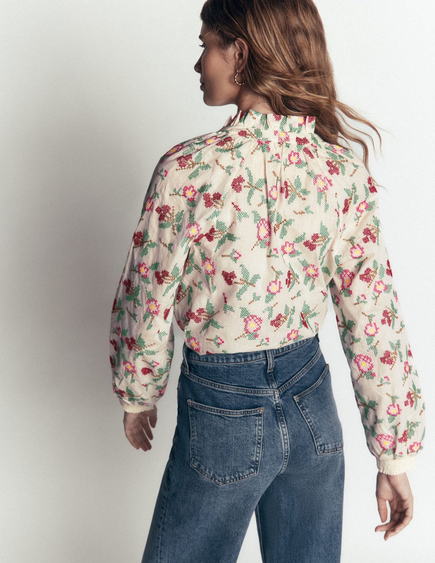 Erica Cotton Frill Top-White Cross Stitch Floral