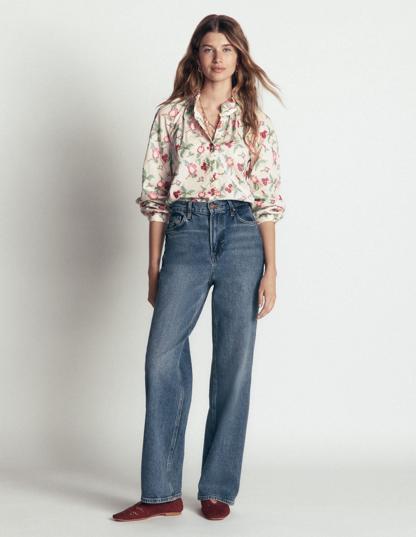 Erica Cotton Frill Top-White Cross Stitch Floral