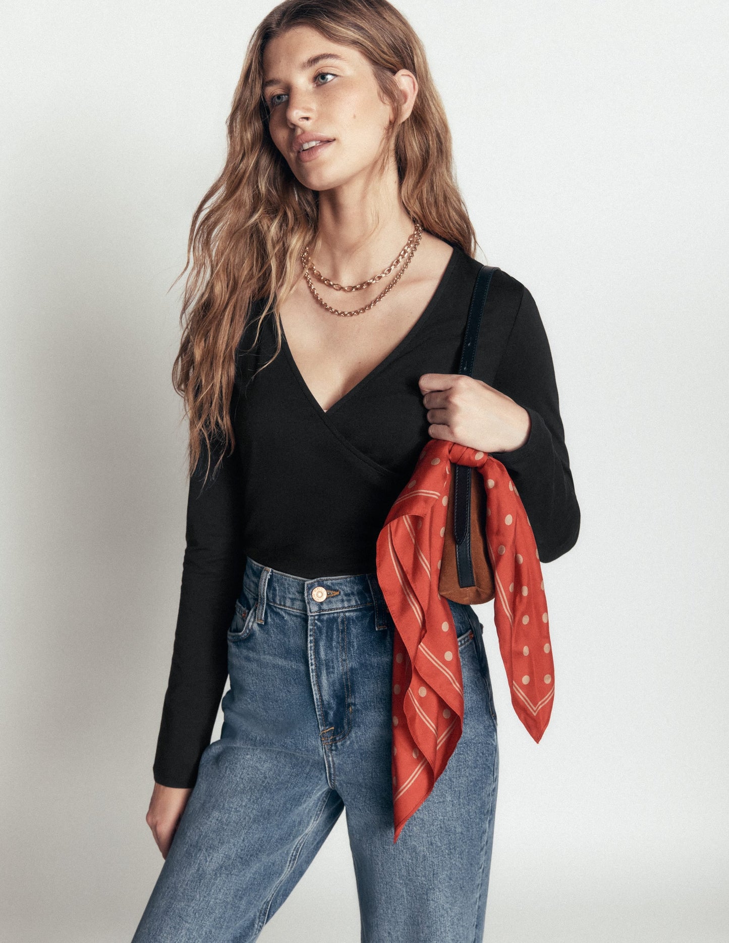Ruched Long Sleeve Wrap Top-Black