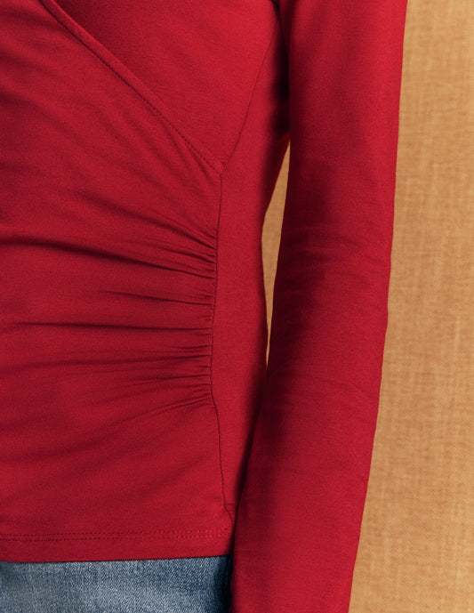 Ruched Long Sleeve Wrap Top-Crimson Red