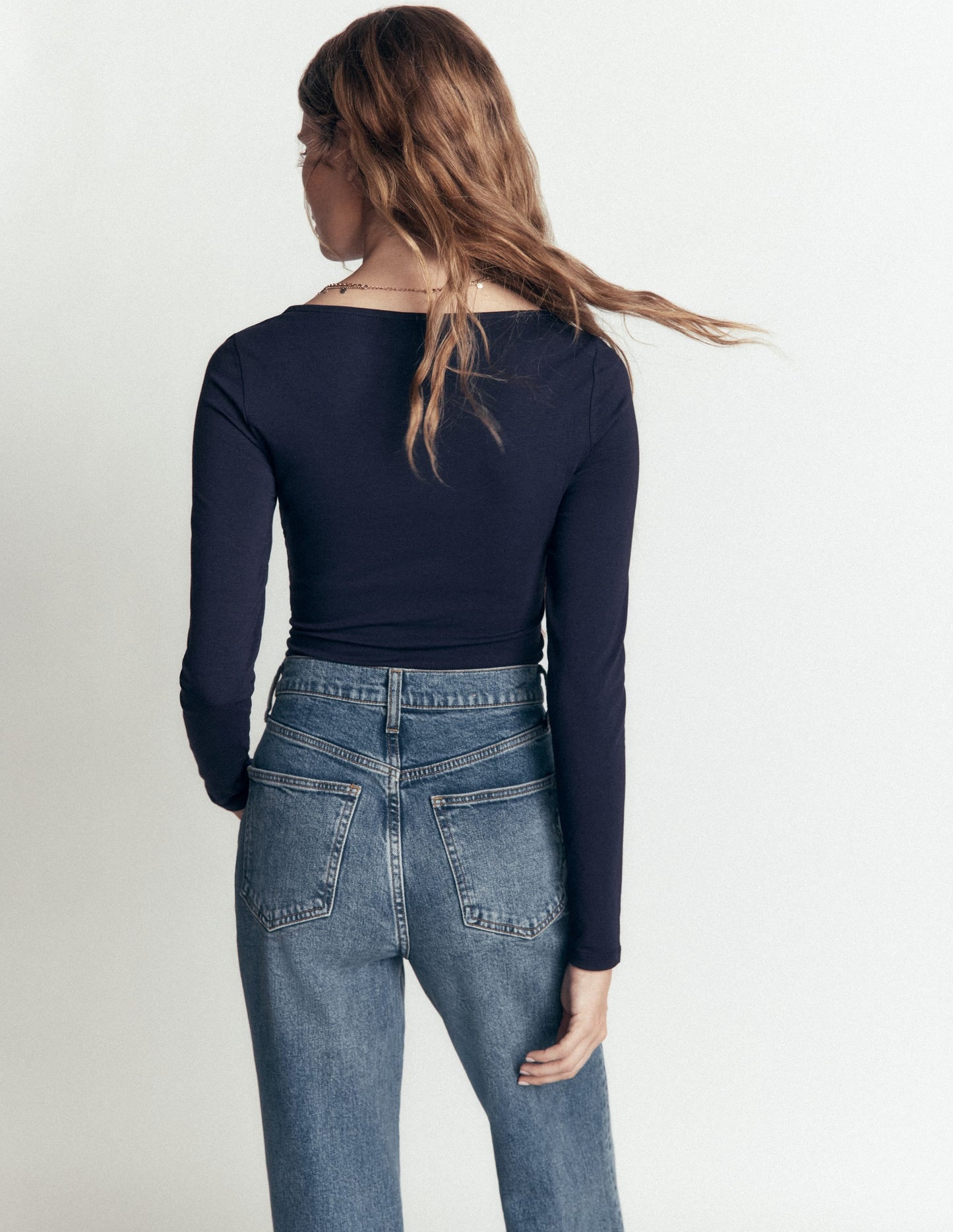 Ruched Long Sleeve Top-Navy
