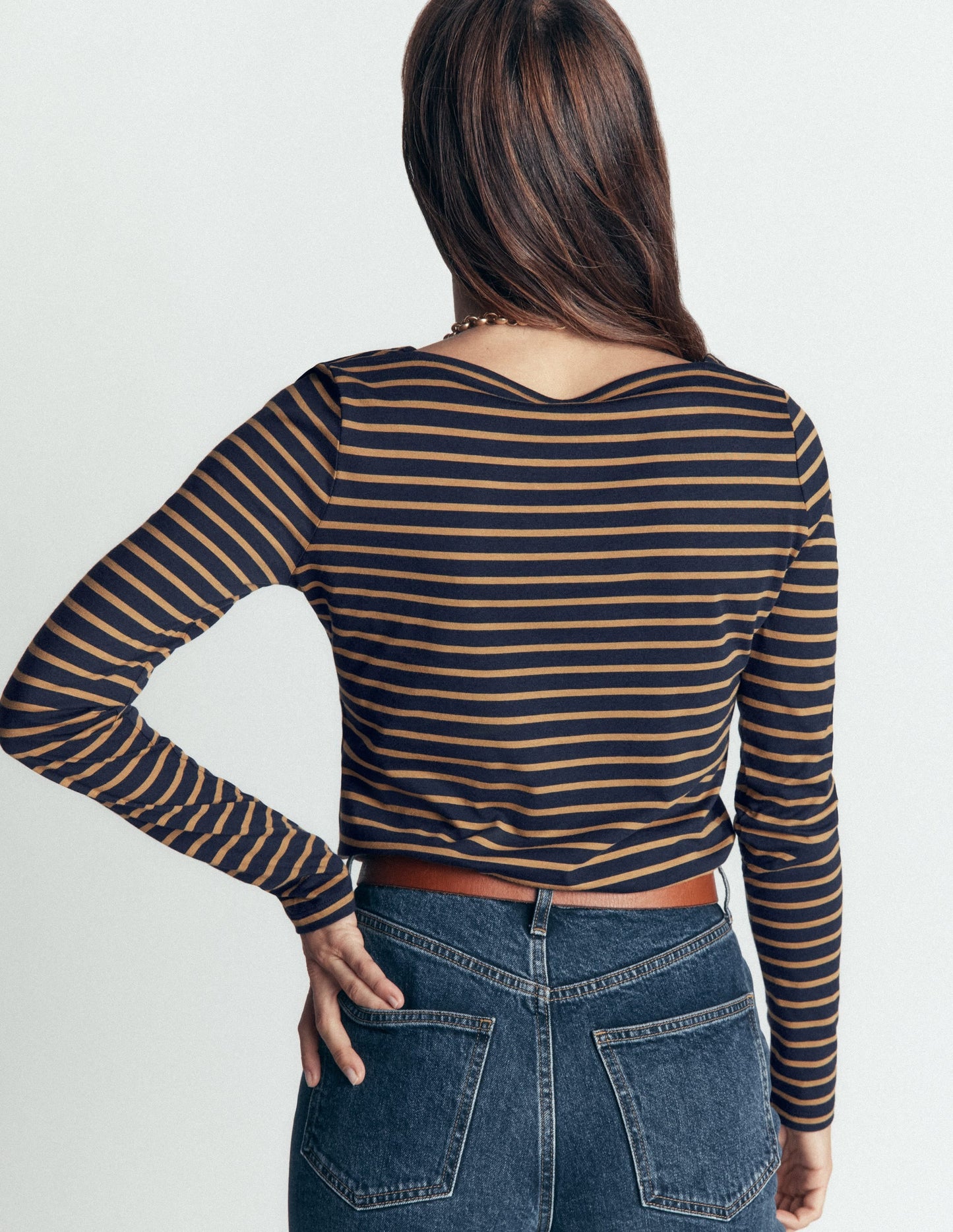 Supersoft Square Neck Top-Navy and Dijon Stripe