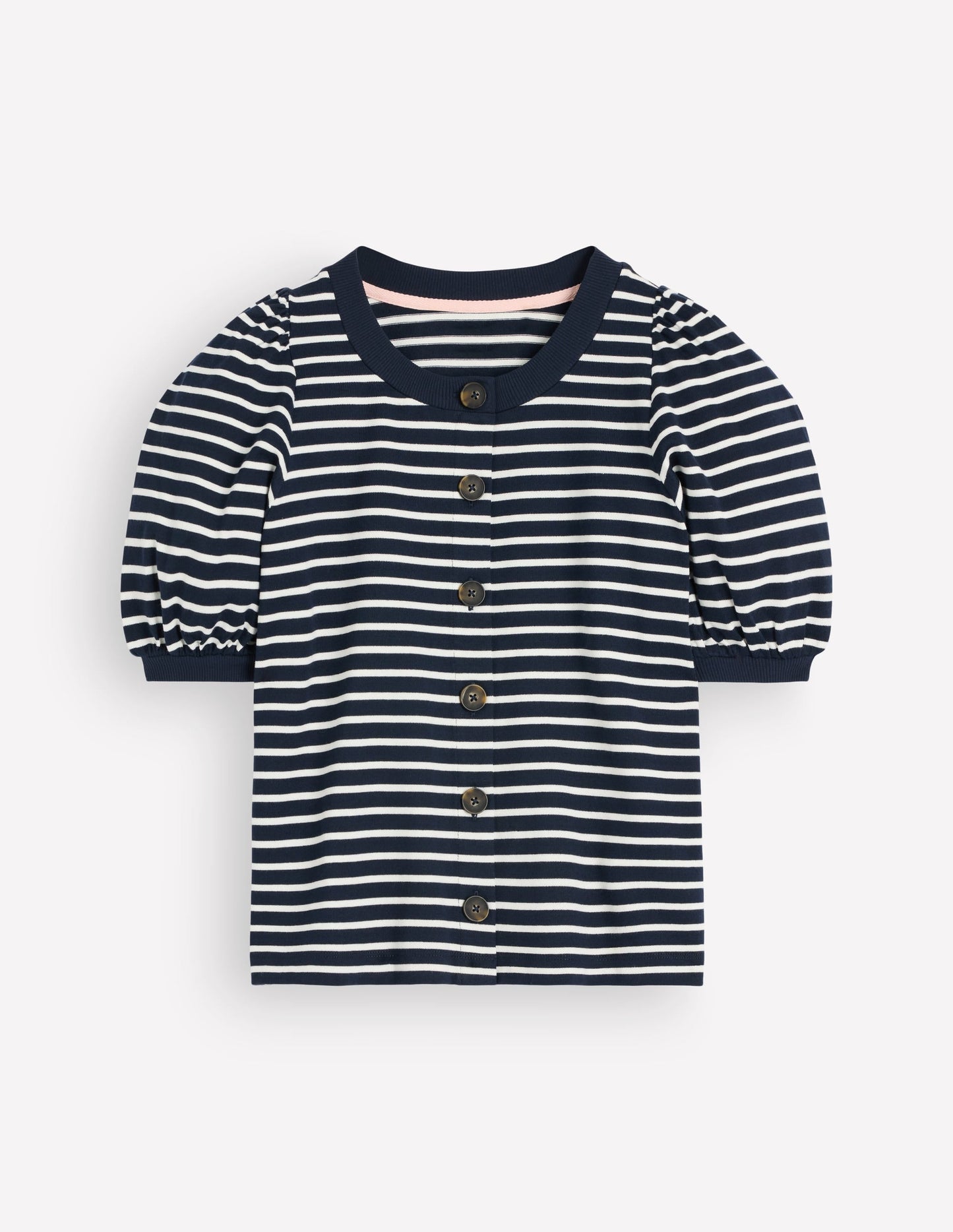 Button-through Puff Sleeve Top-Navy and Ivory Stripe