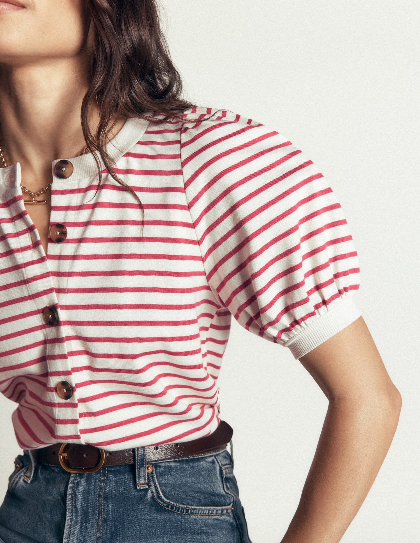 Button-through Puff Sleeve Top-Ivory and Hollyberry Stripe