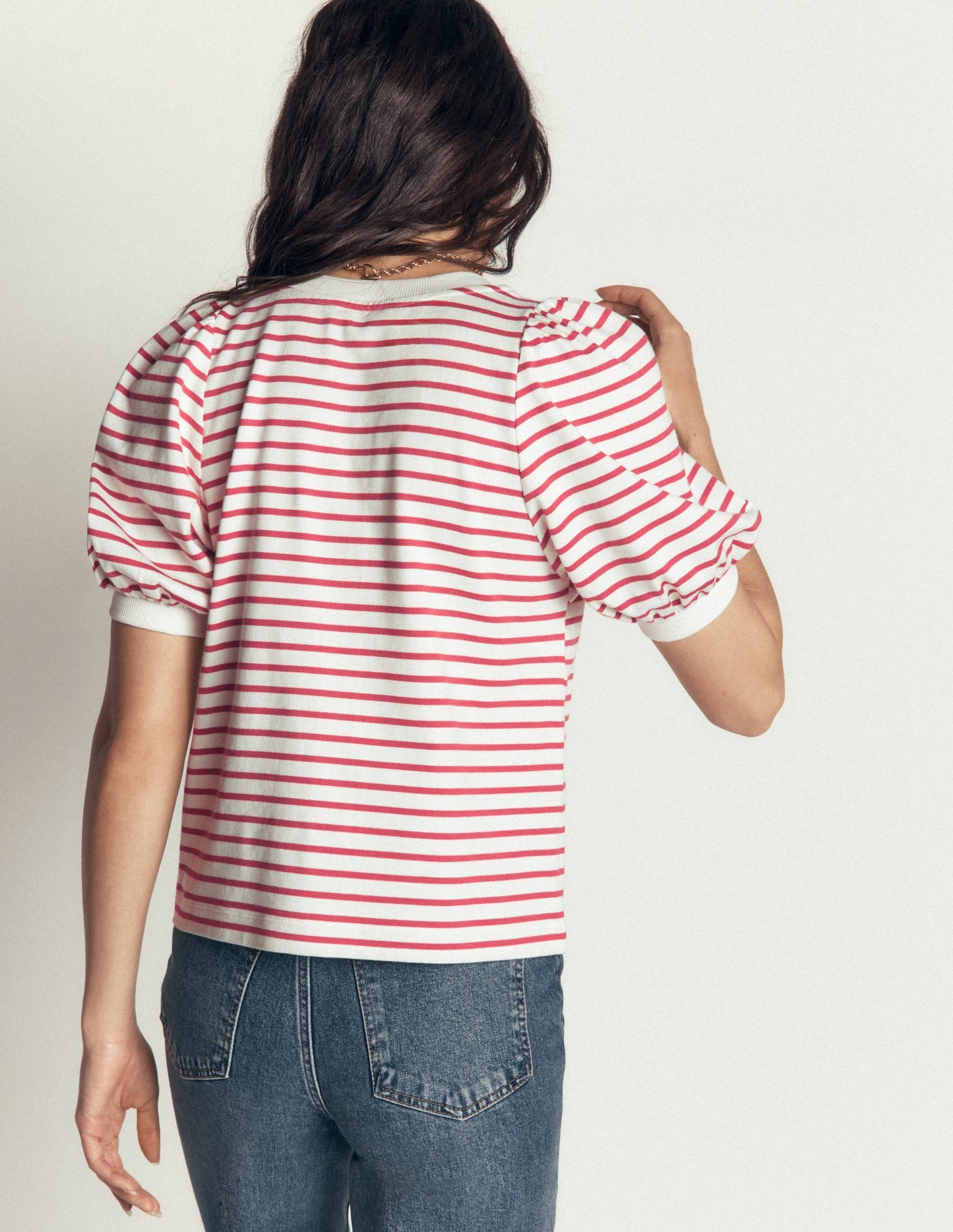 Button-through Puff Sleeve Top-Ivory and Hollyberry Stripe