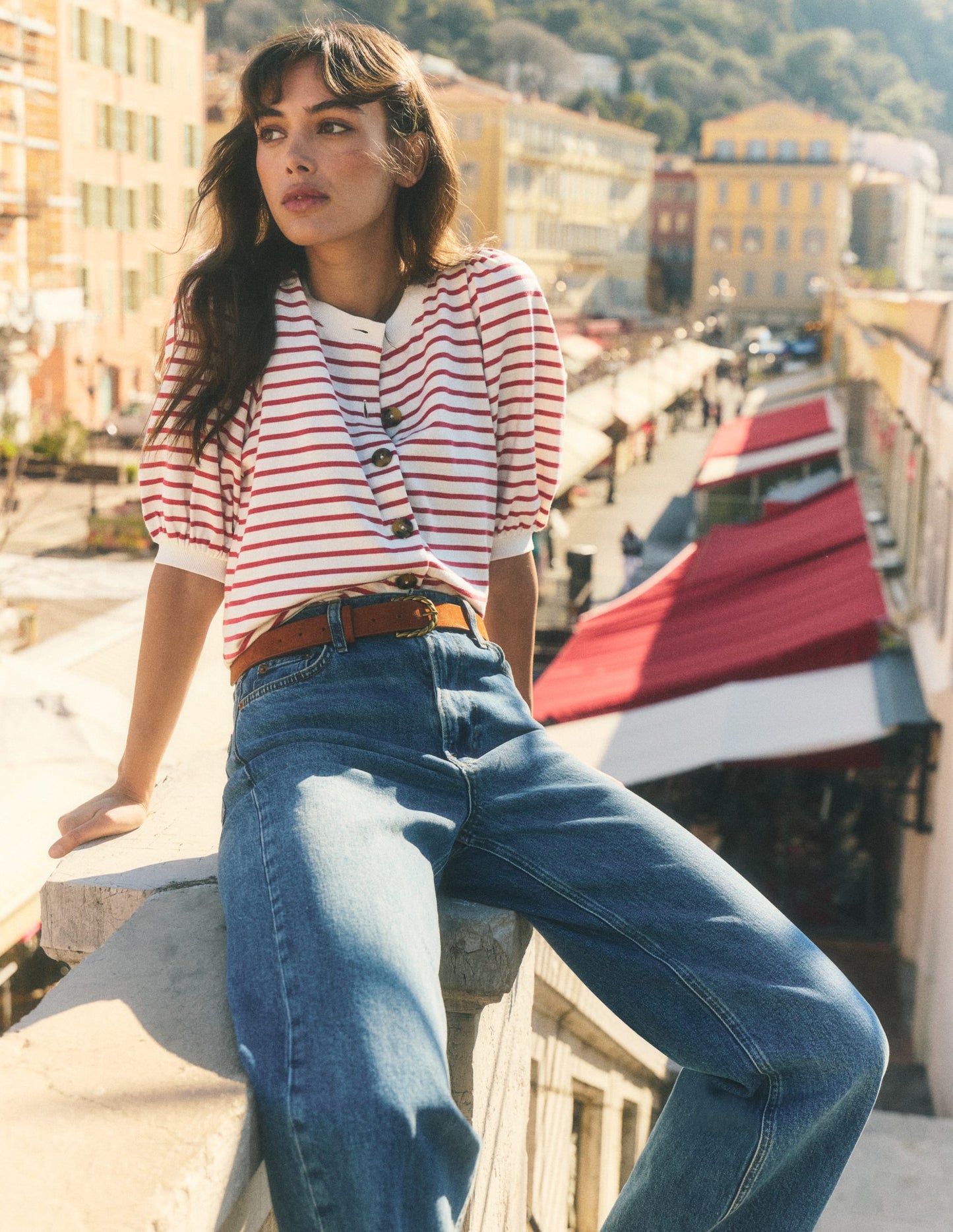 Button-through Puff Sleeve Top-Ivory and Hollyberry Stripe