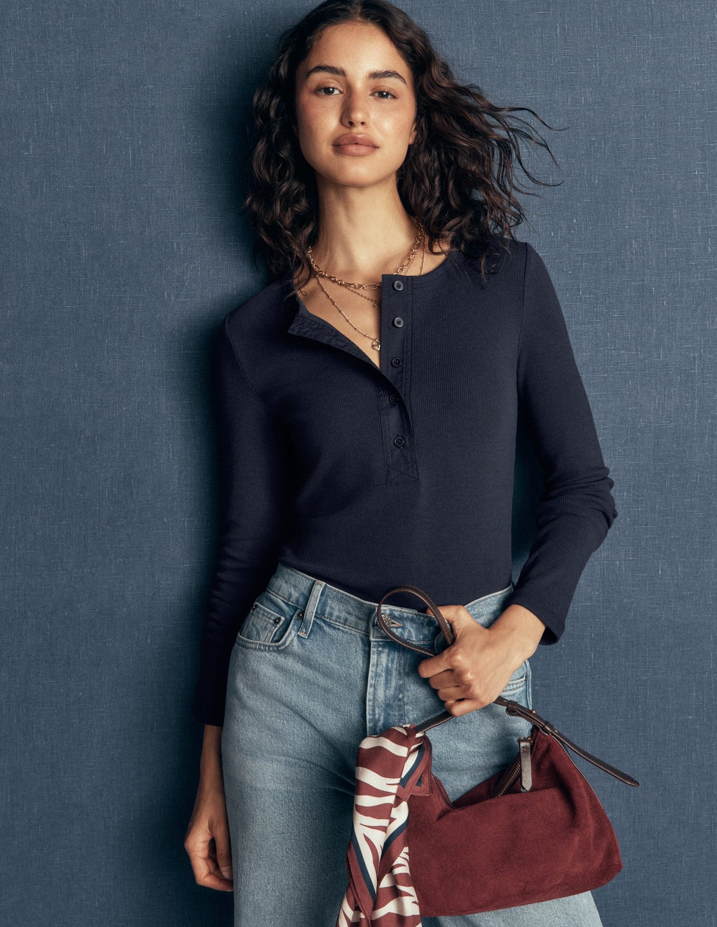 Ribbed Long Sleeve Henley-Navy