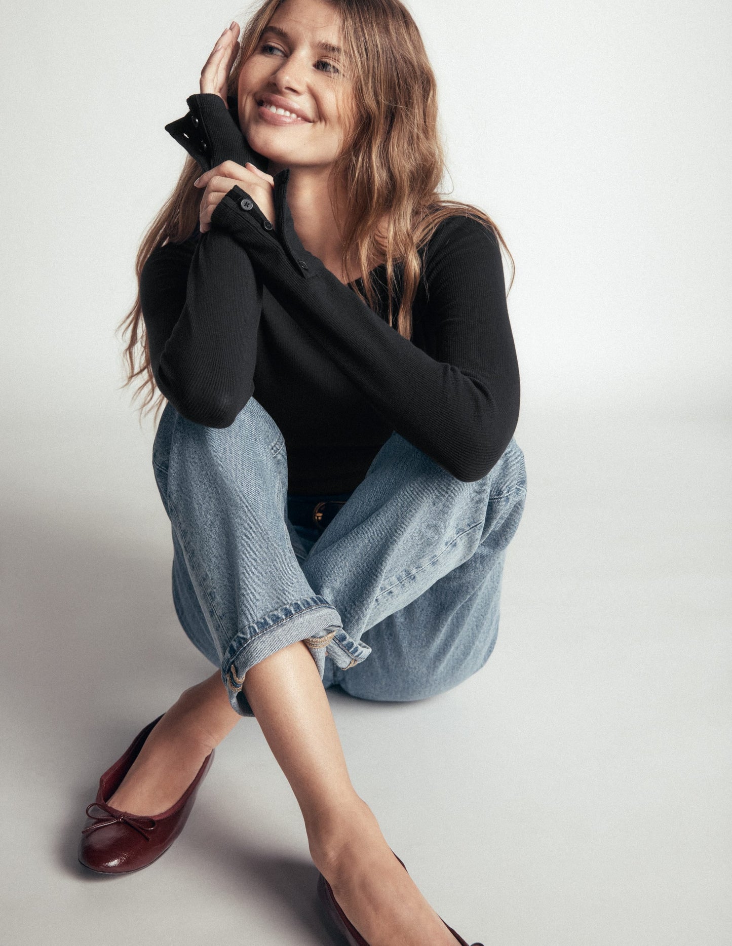 Button Cuff Ribbed Boatneck-Black