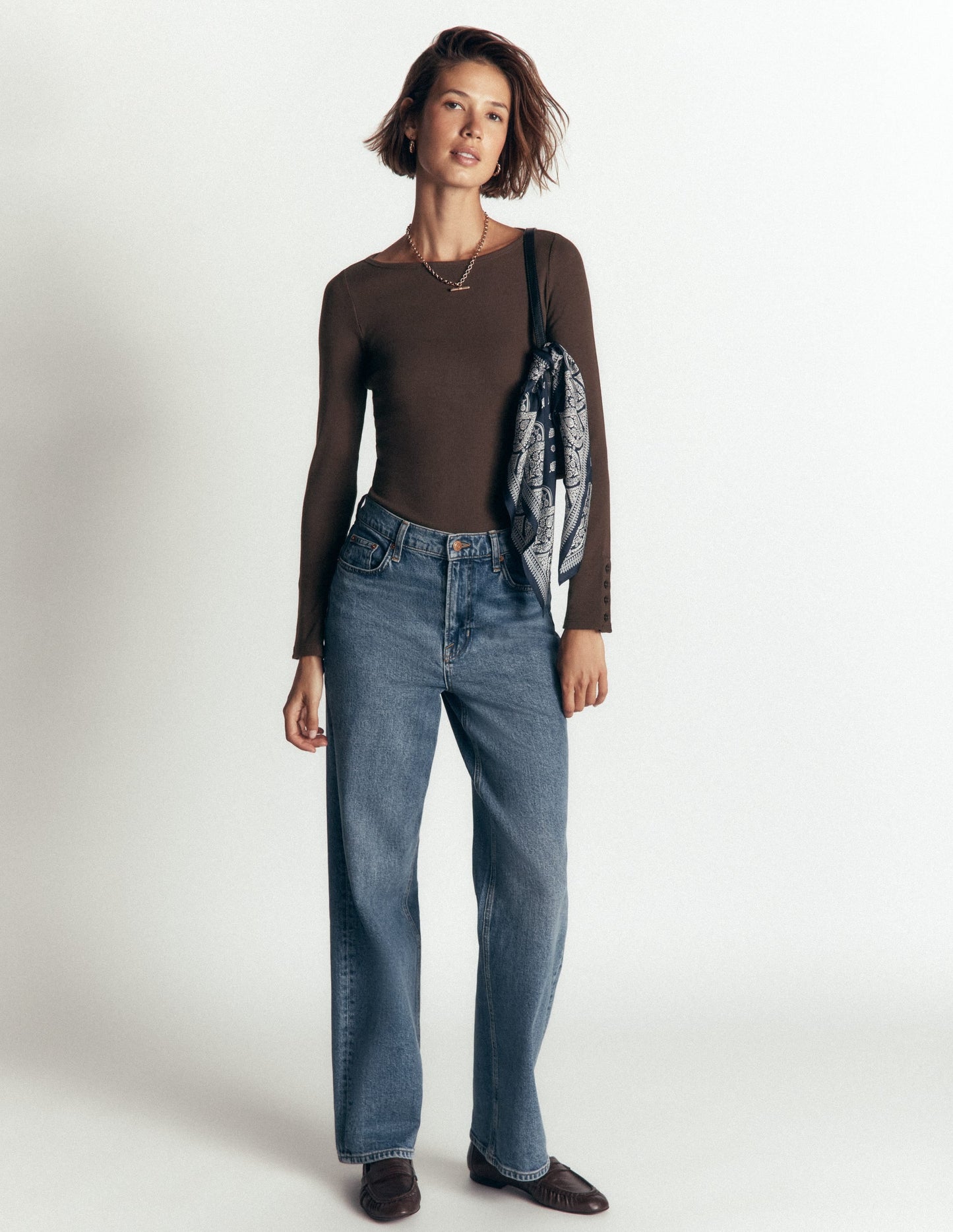 Button Cuff Ribbed Boatneck-Bitter Chocolate