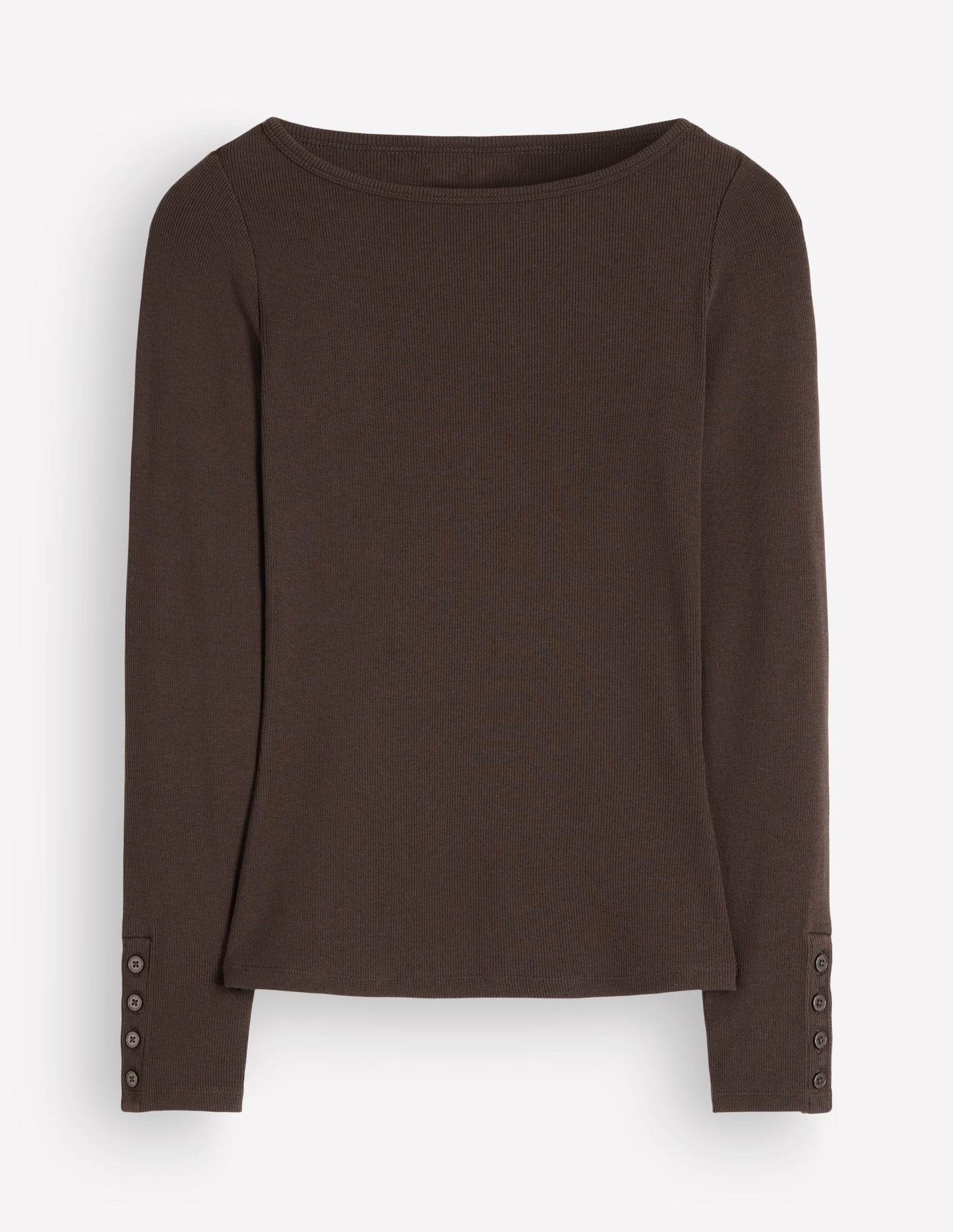 Button Cuff Ribbed Boatneck-Bitter Chocolate