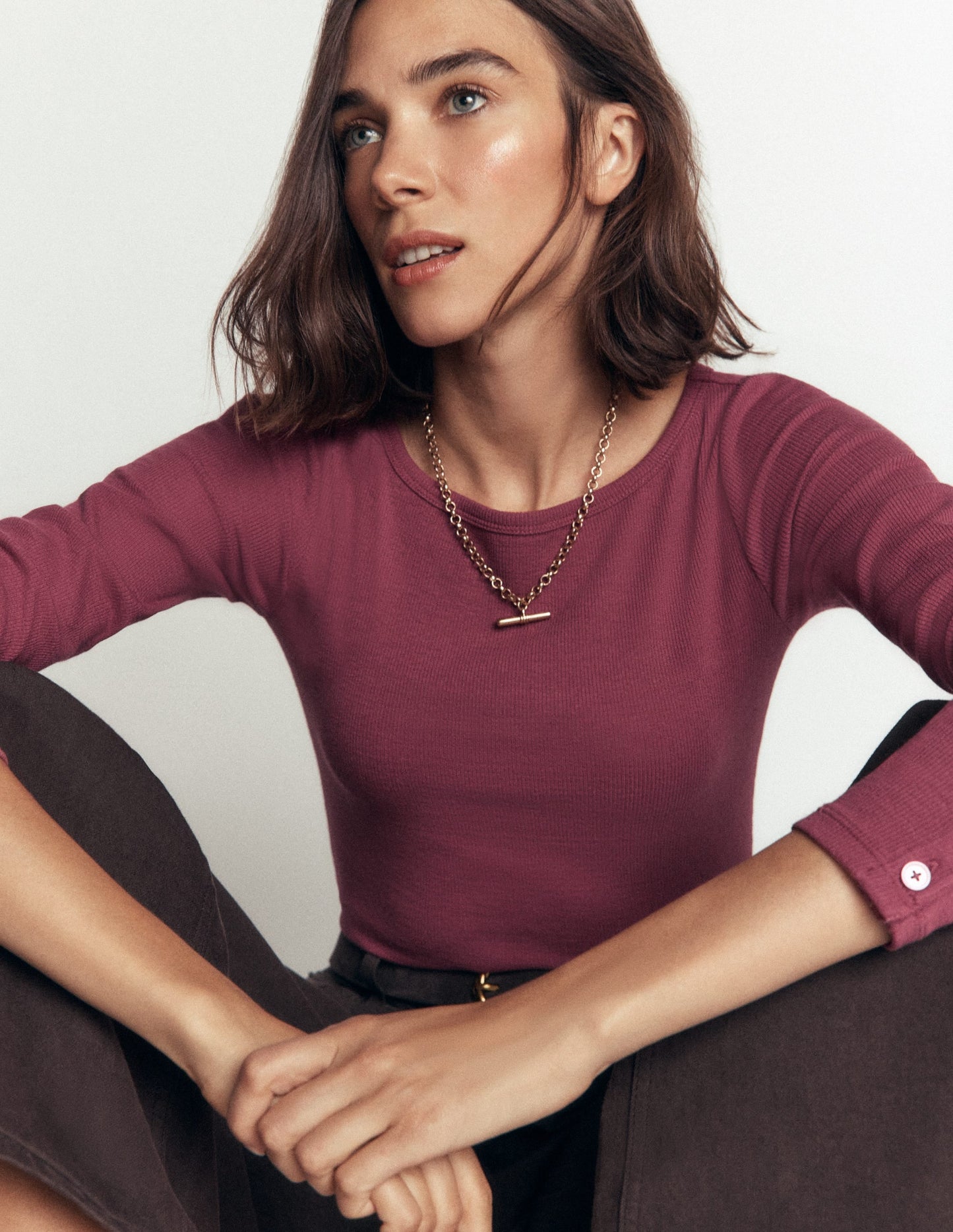 Button Cuff Ribbed Boatneck-Maroon