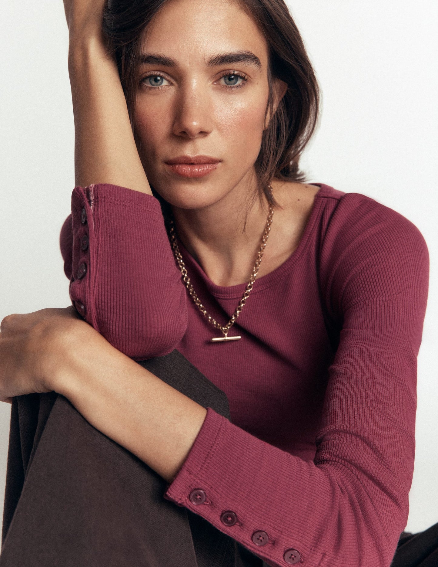 Button Cuff Ribbed Boatneck-Maroon
