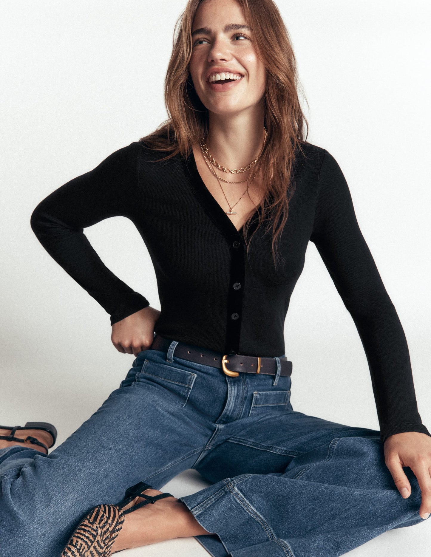 Velvet Trimmed V-Neck Top-Black