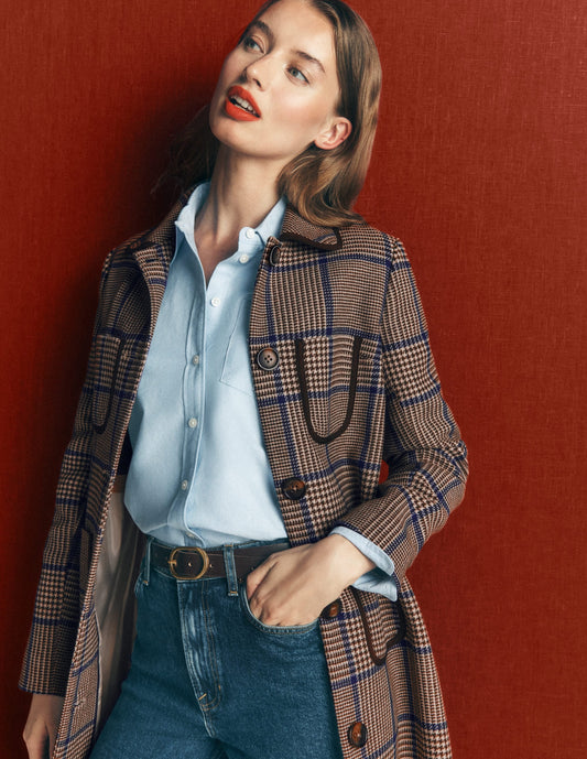 Patch Pocket Wool Blend Coat-Maroon, Teal Prince of Wales