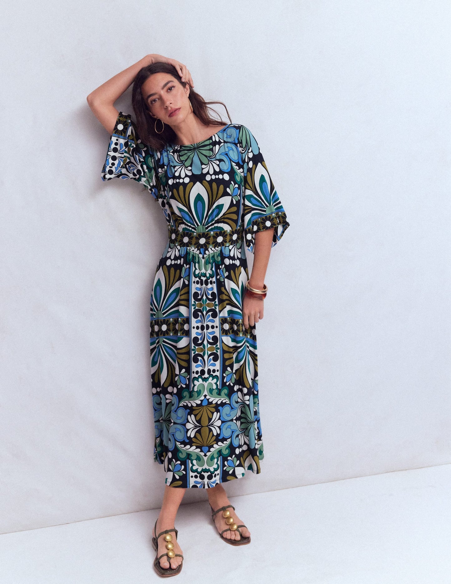 Imelda Kimono Jersey Dress-Navy, Bloom Tapestry