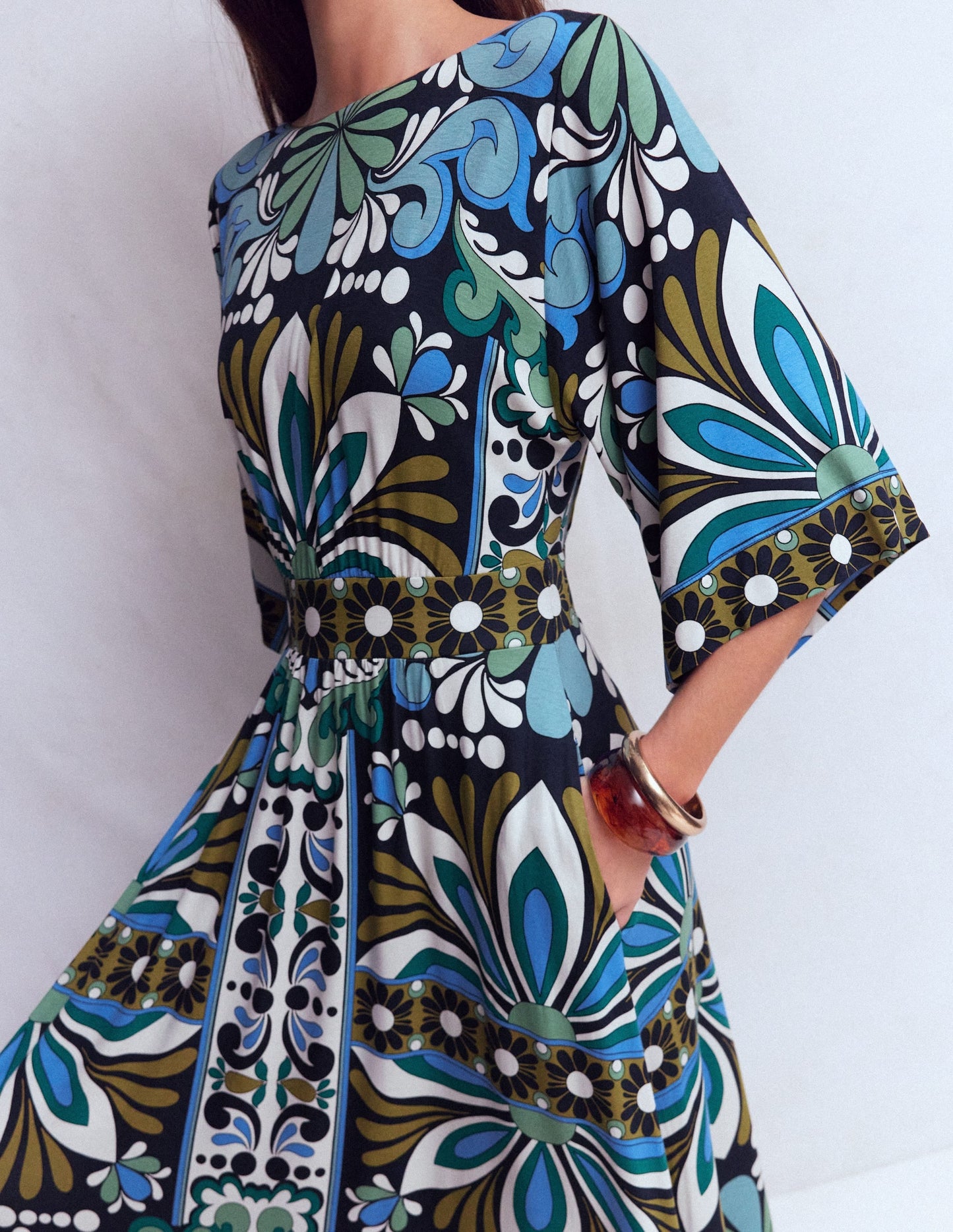 Imelda Kimono Jersey Dress-Navy, Bloom Tapestry