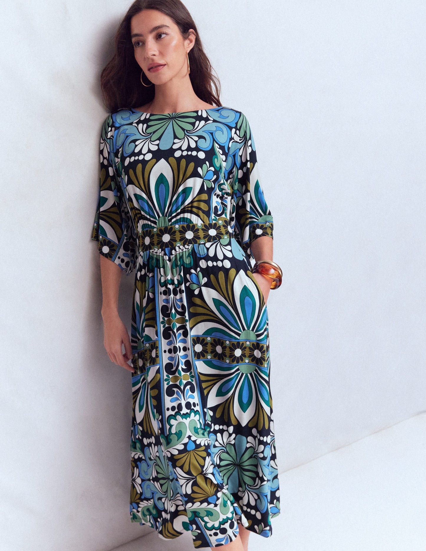Imelda Kimono Jersey Dress-Navy, Bloom Tapestry