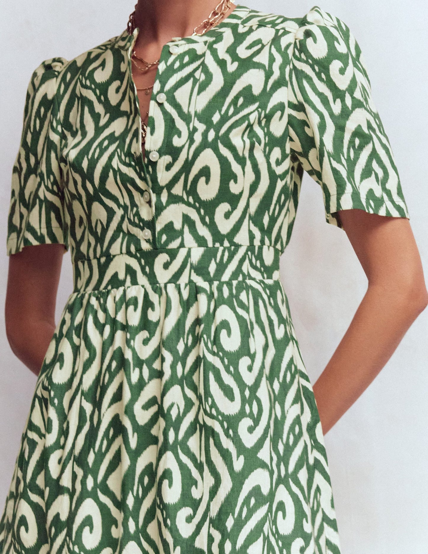 Ivy Button Linen Midi Dress-Hunter Green Ikat