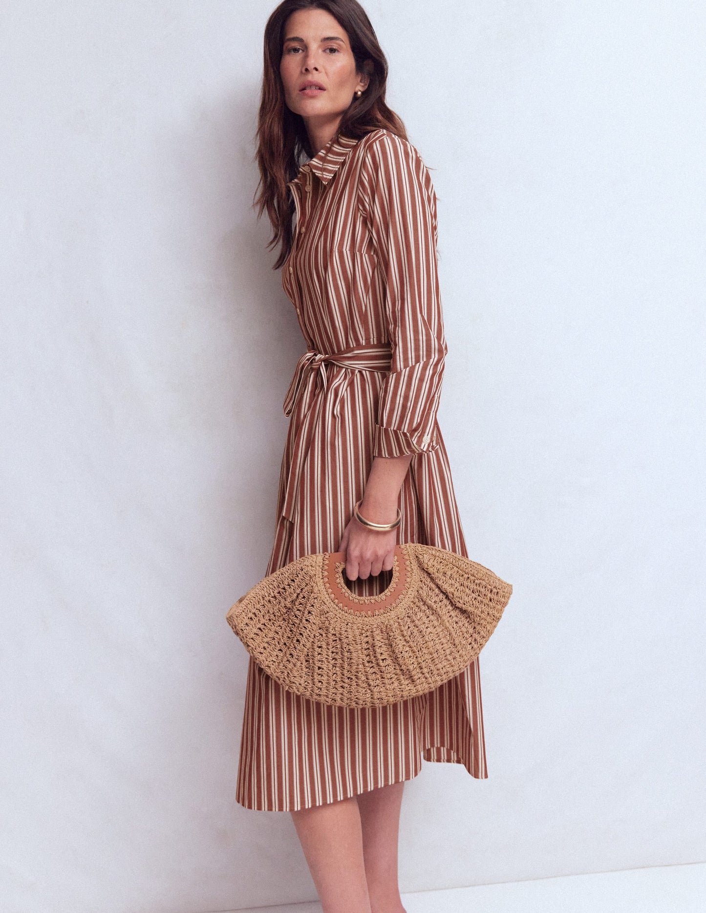 Alexa Cotton Midi Shirt Dress-Rich Chestnut Stripe