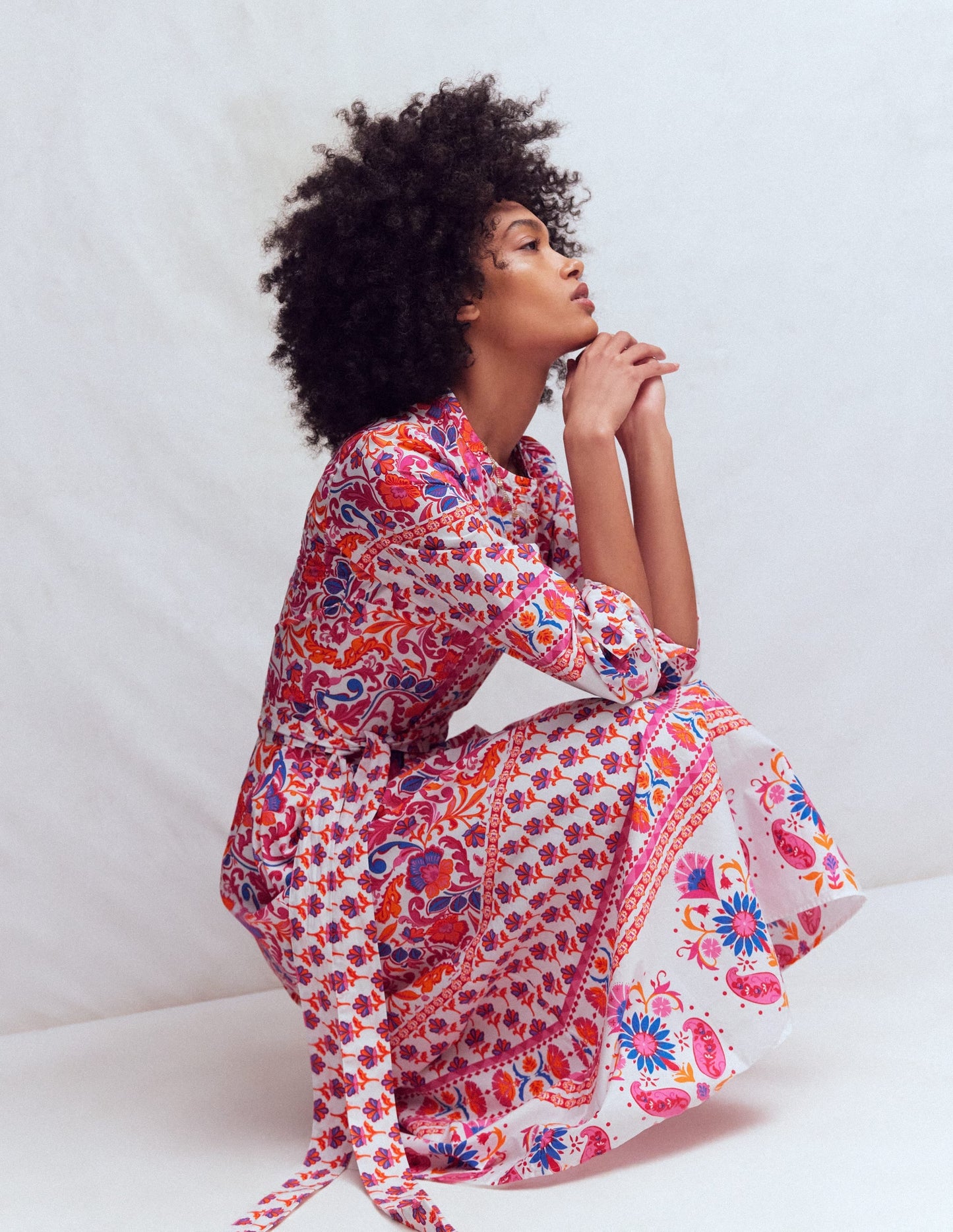 Ava Cotton Midi Dress-Pink Flourishing Meadow Border