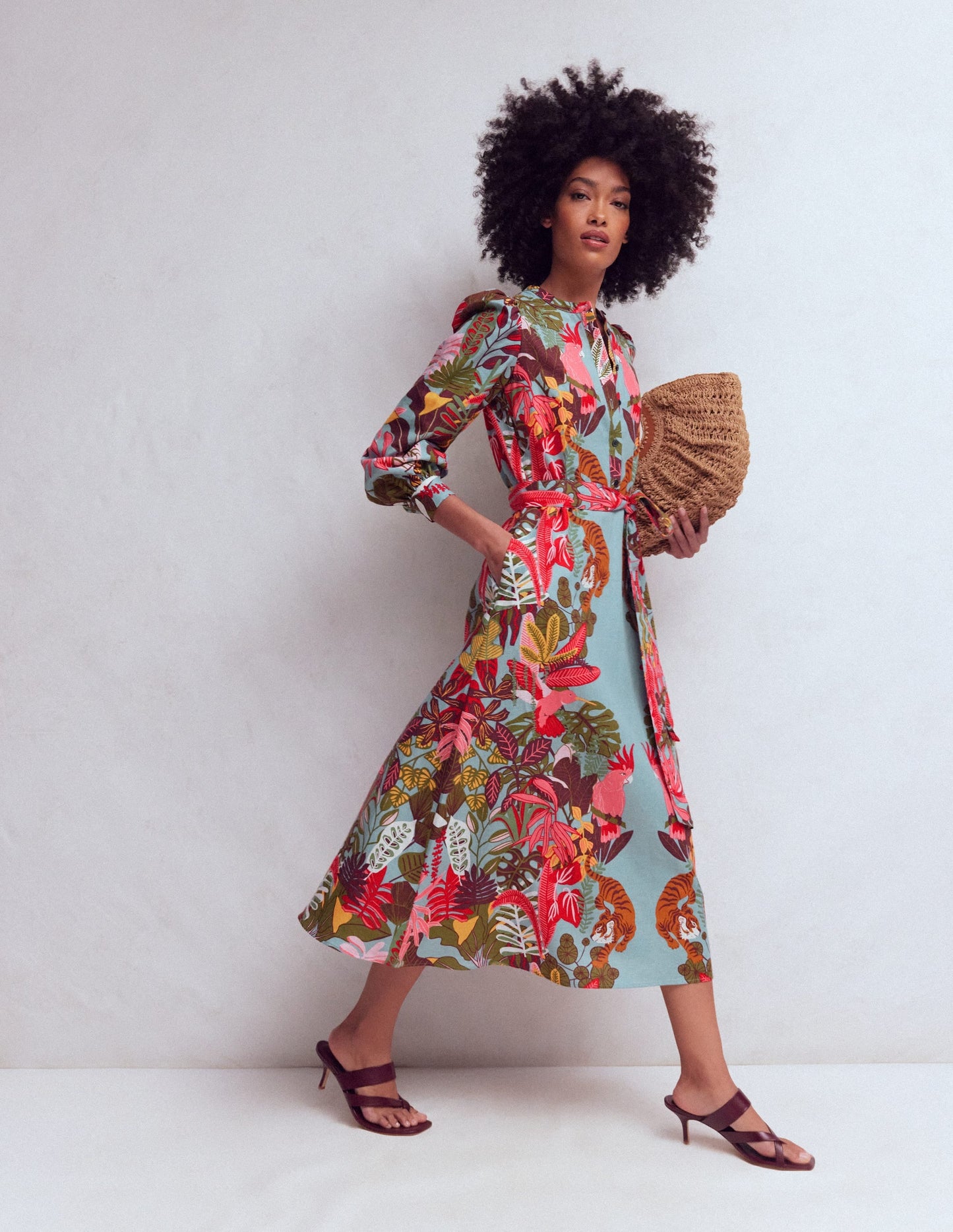 Ava Linen Blend Midi Dress-Blue Tropical Safari Placement