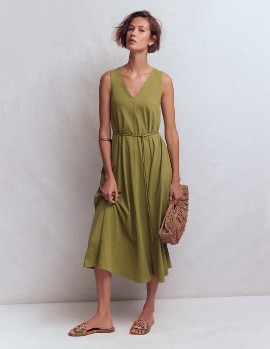 Mia V-neck Jersey Midi Dress-Olive