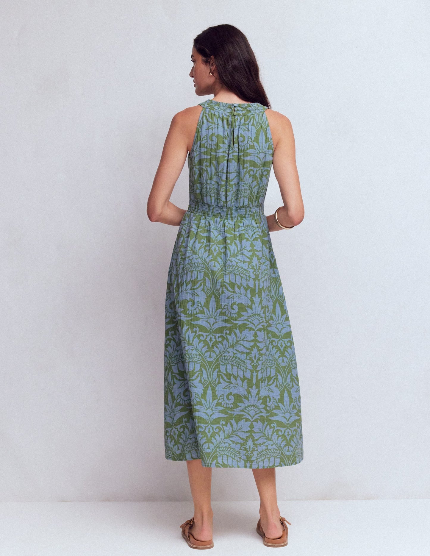Daphne Double Cloth Dress-Green Ornamental Foliage