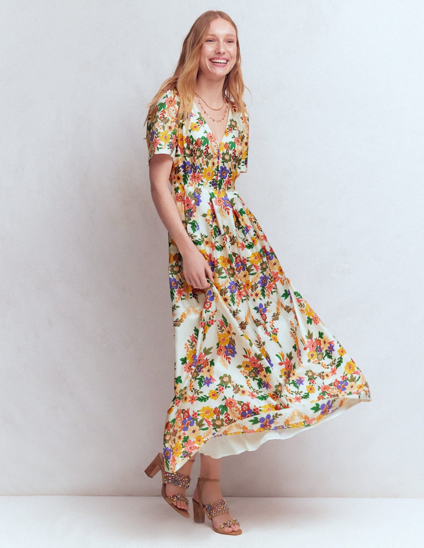 Pleat V-neck Dress-Multi Meadow Flowers