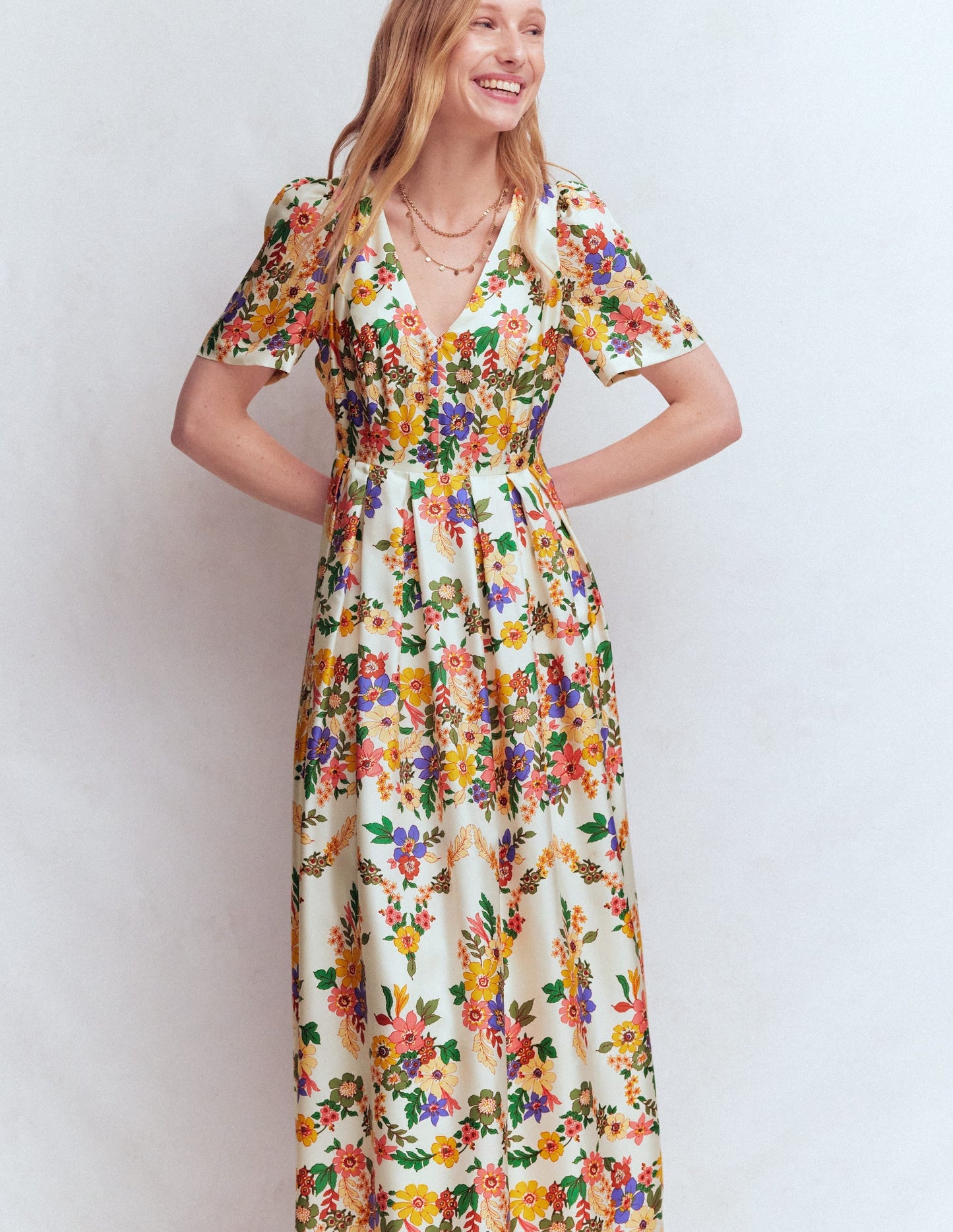 Pleat V-neck Dress-Multi Meadow Flowers