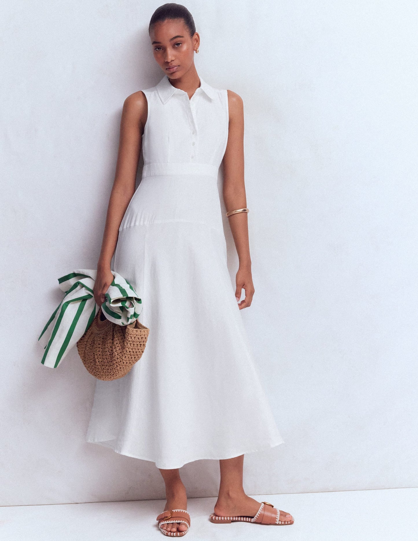 Erma Drop Waist Linen Dress-White