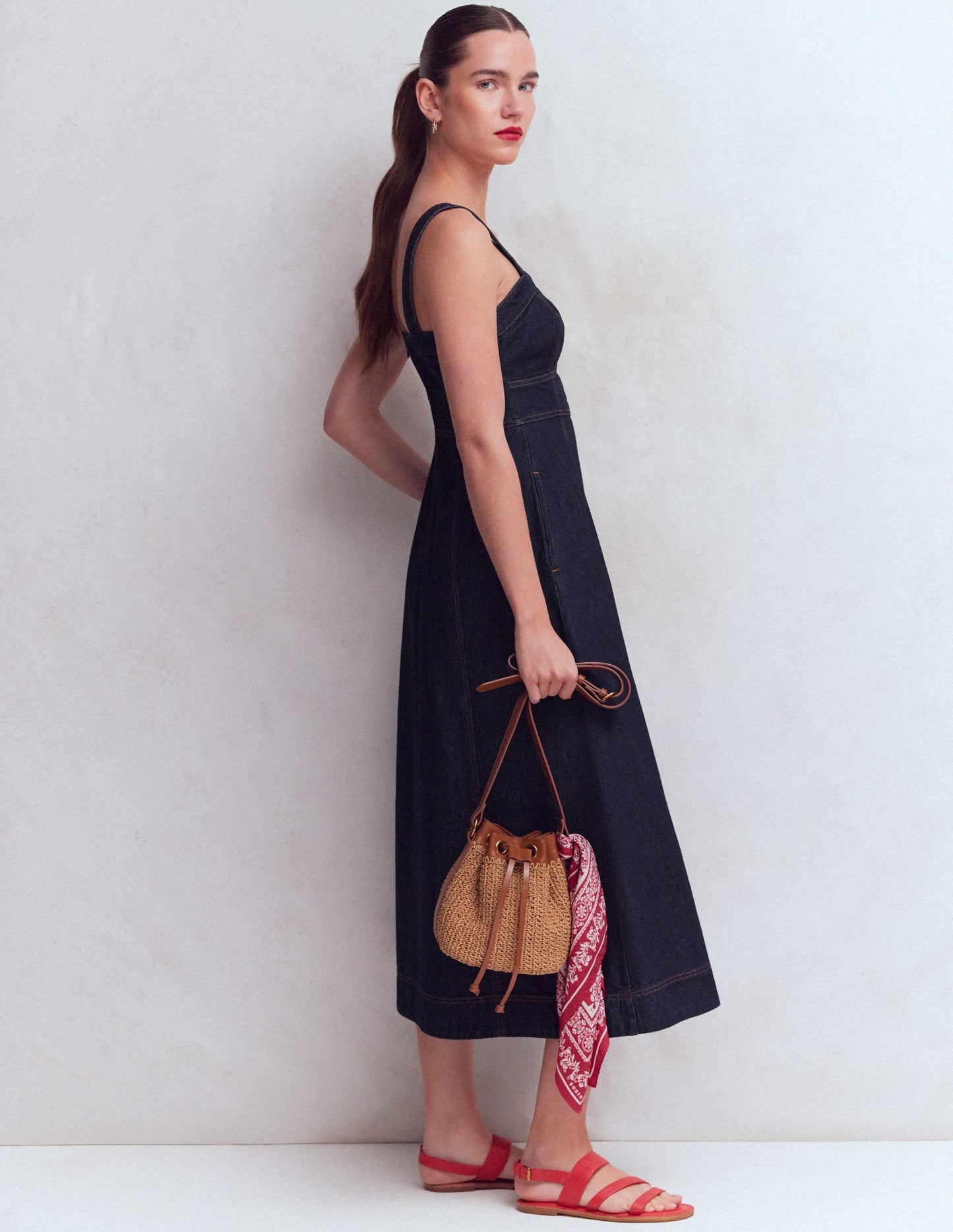 Panelled Bodice Denim Dress-Indigo
