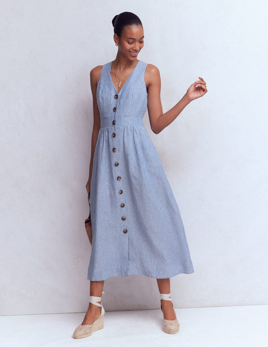 Catherine Button Linen Dress-Chambray
