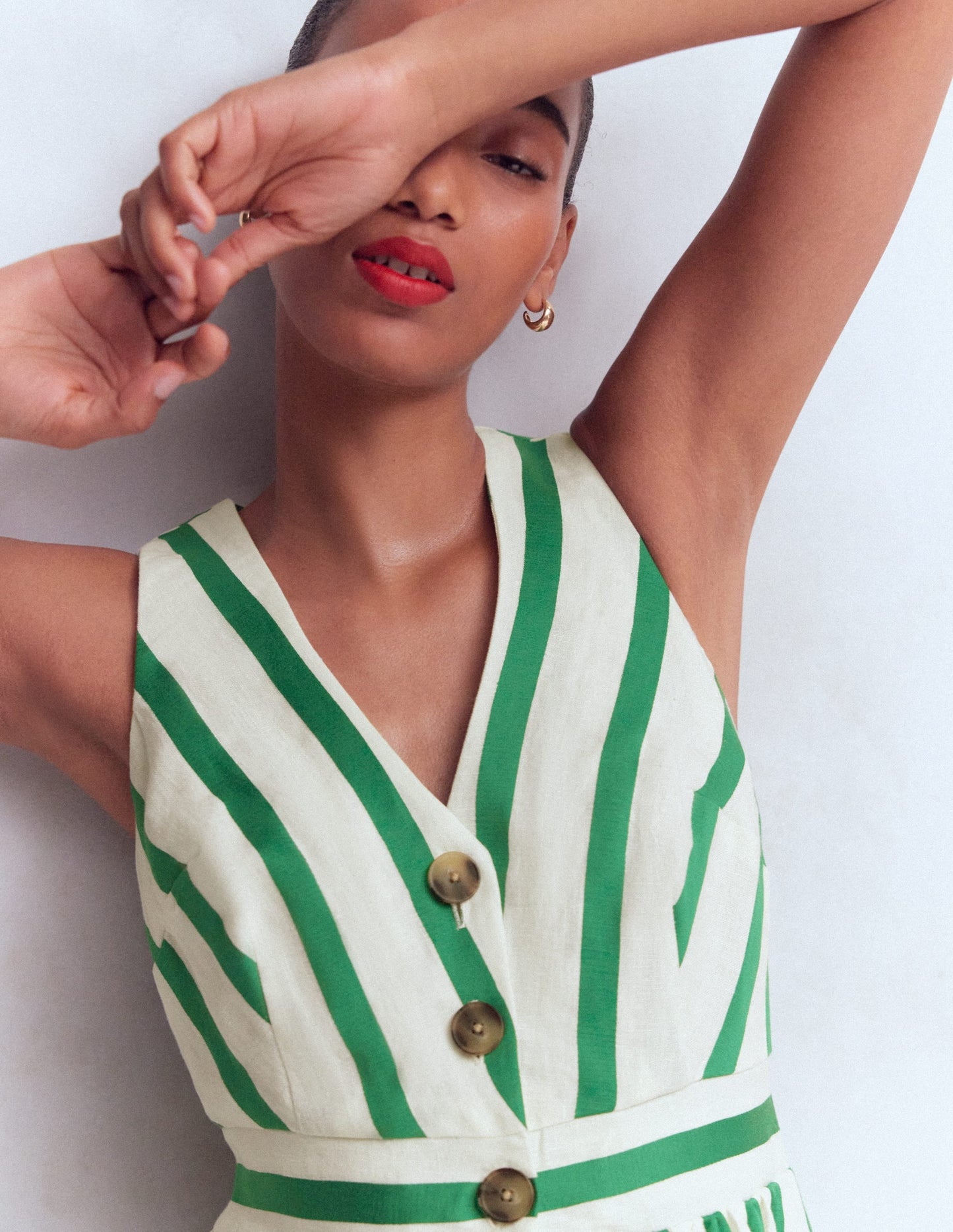 Catherine Button Linen Dress-Ivory and Green Satin Stripe