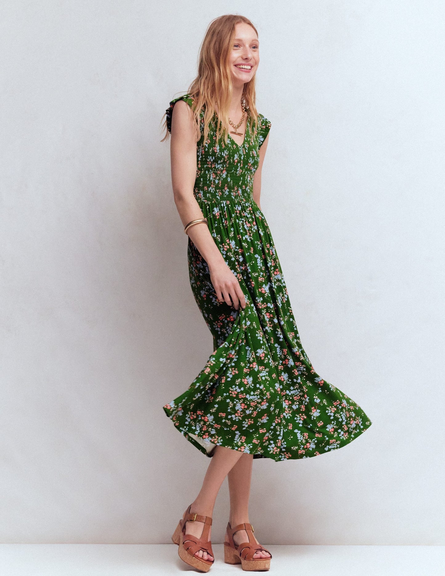 Smocked Jersey Midi Dress-Promenade Green, Bloom Scatter