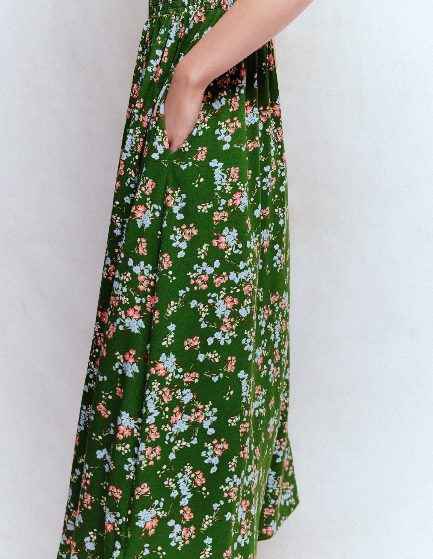 Smocked Jersey Midi Dress-Promenade Green, Bloom Scatter