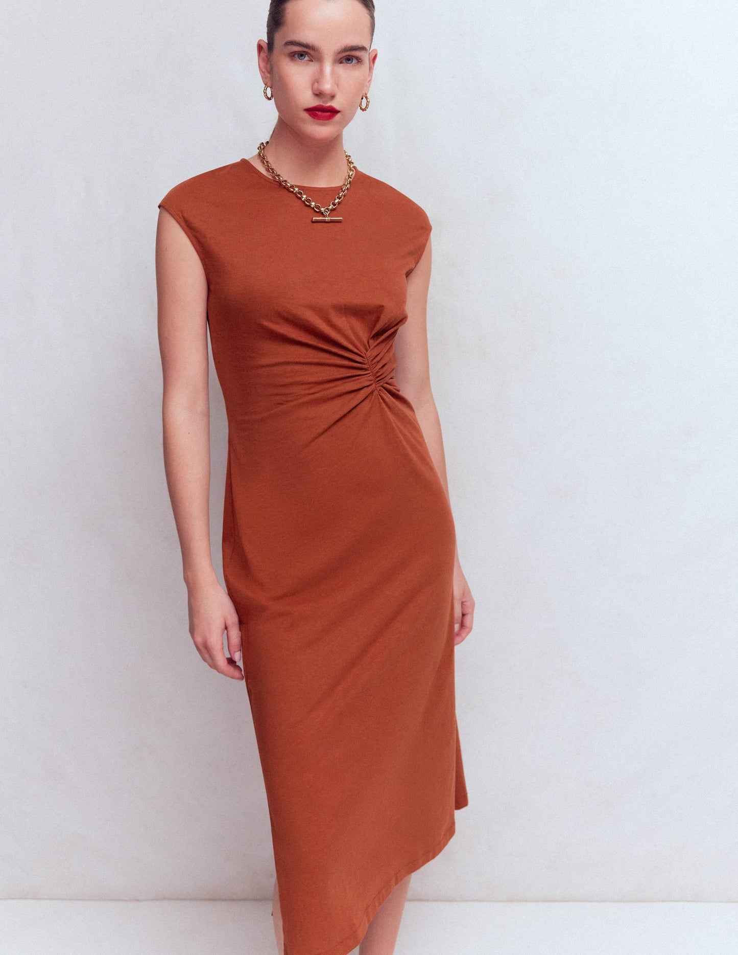 Delilah Twisted Midi Dress-Burnt Orange