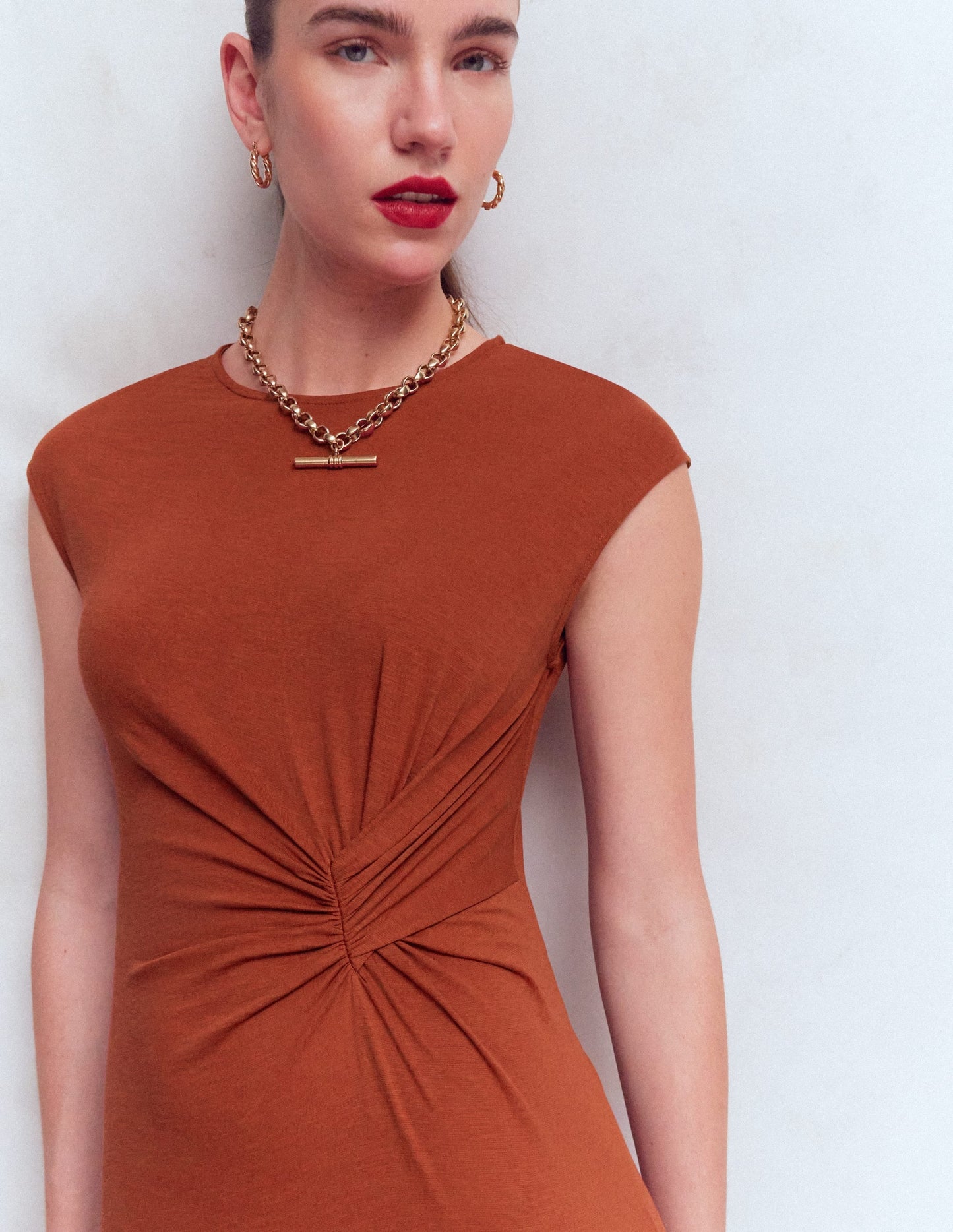 Delilah Twisted Midi Dress-Burnt Orange
